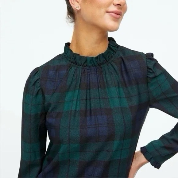 J.Crew Factory Ruffleneck Shift in Black Watch Plaid Long Sleeve Short Dress - Picture 4 of 7